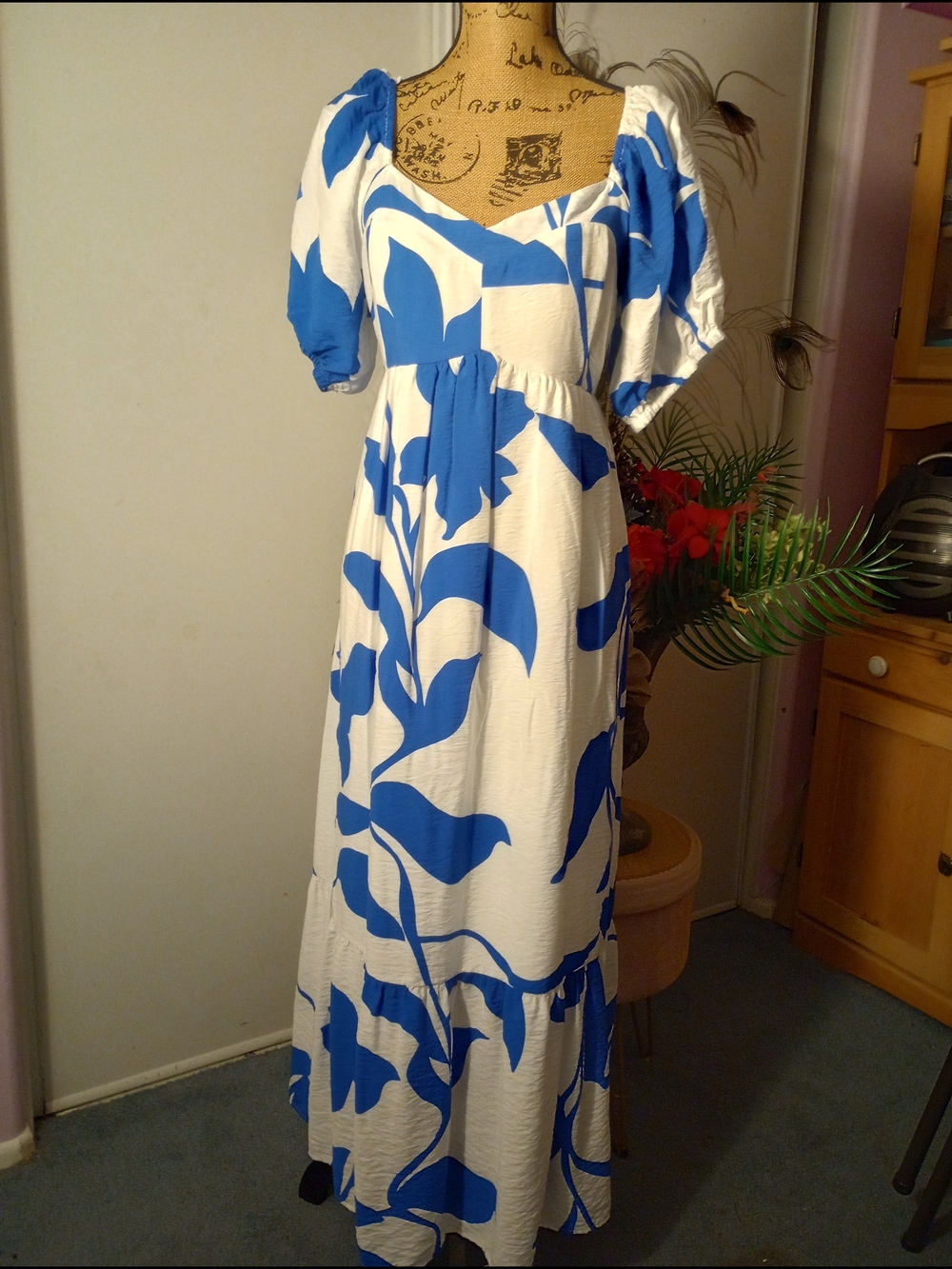 Nine West White Maxi Dress with Bold Blue Floral Print